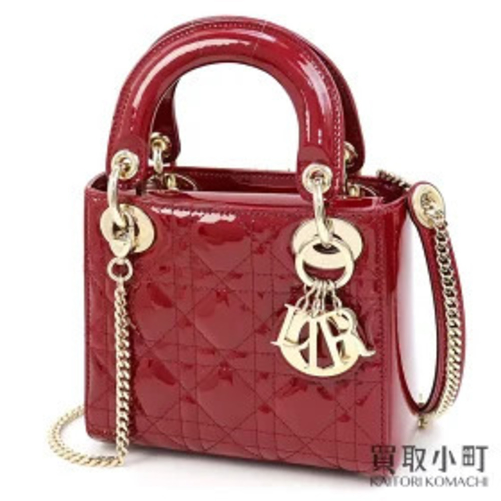 Dior Lady Chain Shoulder Handbag Cannage Stitch Red Patent Vernis Leather